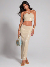 COSMINA Women's Sequin Champagne Halter Top & Form-Fitting Split Hem Skirt 2 Piece Set